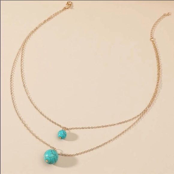 3/$30 TURQUOISE DOUBLE BALLS GOLD LAYER NECKLACE - Picture 4 of 5